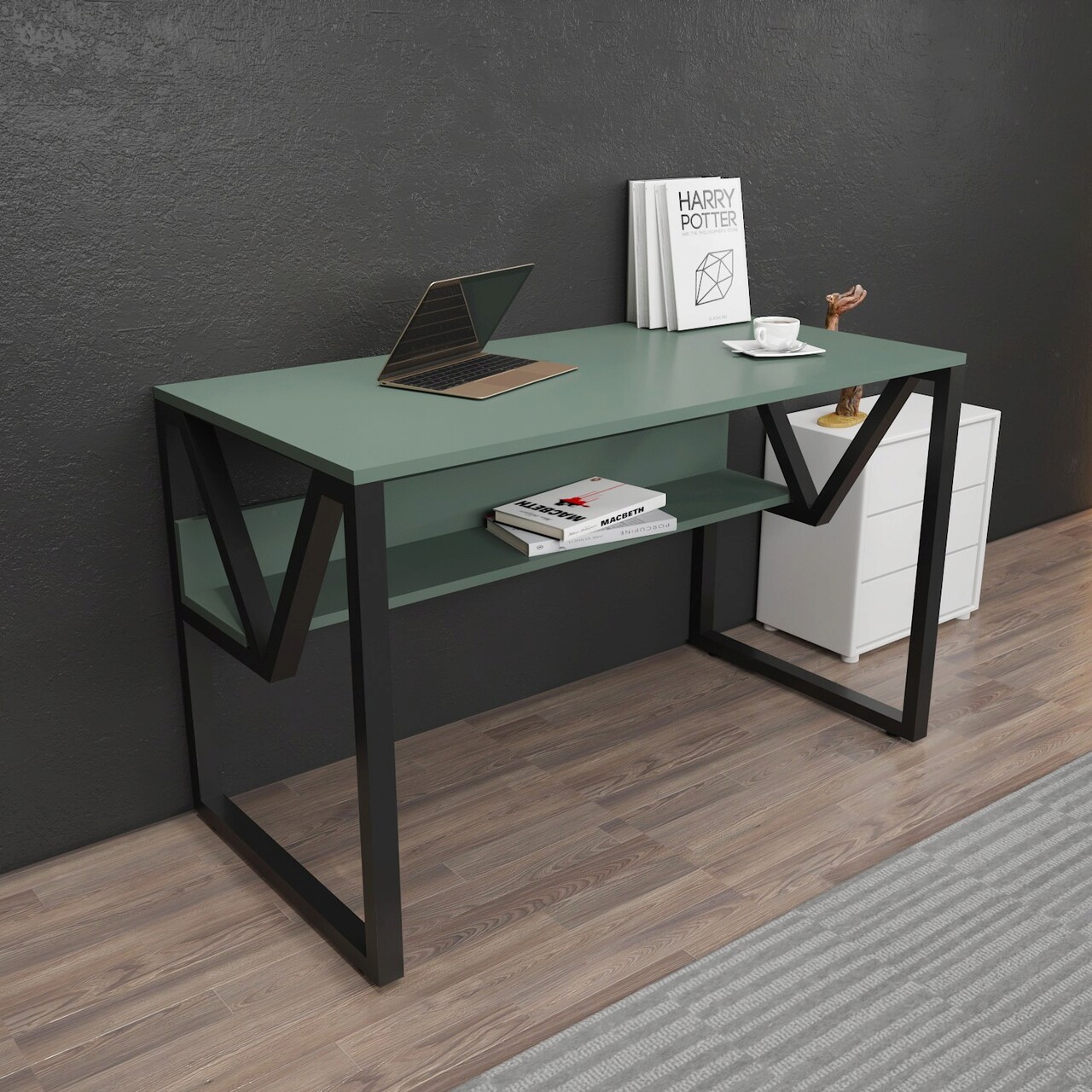 Birou, Hanah Home, Lona, 120x72.8x60 cm, Verde/Negru - imagine 7